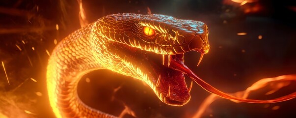 A fiery, menacing snake with glowing eyes and a flicking tongue, set against an intense background of embers and smoke.