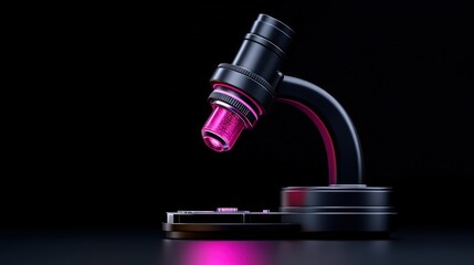 Microscope in Pink: A sleek black microscope with a vibrant pink light emanating from its lens, positioned against a dark background, creating a visually striking image of scientific exploration. 