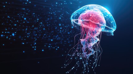 Fototapeta premium Pink and Blue Glowing Jellyfish Digital Art on Dark Background
