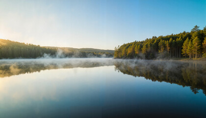 Tranquil lake with misty surface at dawn, nature's serenity