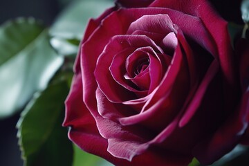 Close-up photo of a beautiful red rose with lush green leaves