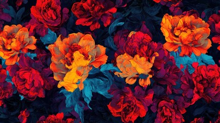 Vibrant floral pattern with bold red and orange blooms