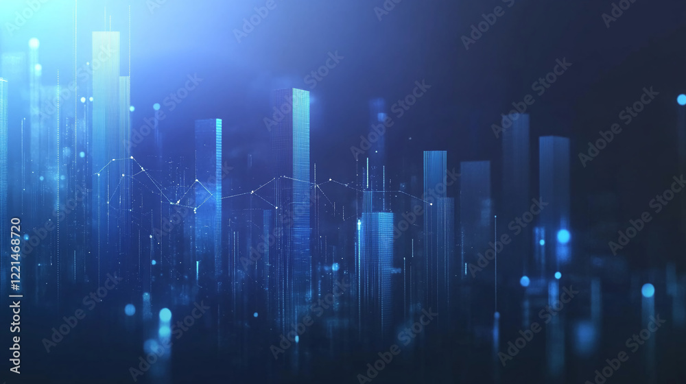 Poster digital data and financial analysis graph, blue abstract technology background. business background