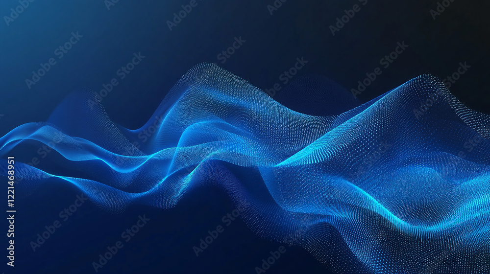 Poster Blue abstract wave pattern, 3D technology design with glowing dots and lines in the digital space