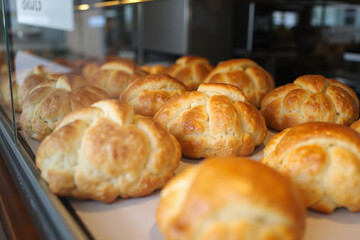 Assorted fresh pastries on bakery counter with glass display