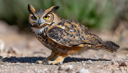 Obraz premium Stunning great horned owl perched confidently on sandy terrain captured with remarkable detail and clarity
