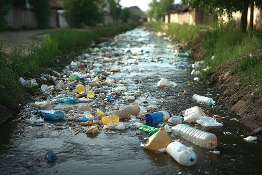 A river filled with plastic waste and trash, highlighting the issue of environmental pollution