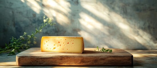 Fototapeta premium Closeup of an appetizing freshly sliced artisanal cheese displayed on a rustic wooden cutting board with natural green plants and foliage in the background showcasing a food product in a premium