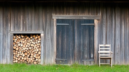 Rustic Wooden Barn with Weathered Doors and Stacked Firewood