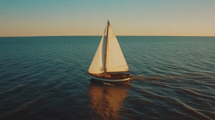 Fototapeta premium Sailboat on Calm Ocean at Sunset, Golden Hour Light