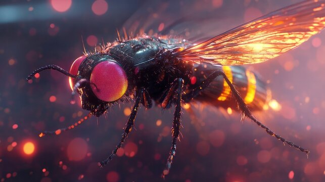 Mesmerizing macro shot of a vibrant and captivating fly showcasing the intricate details and stunning colors of this incredible insect  The extreme close up reveals the fly s compound eyes antenna
