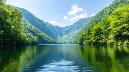 Fototapeta premium Serene Green Mountain Lake Landscape Under Blue Sky