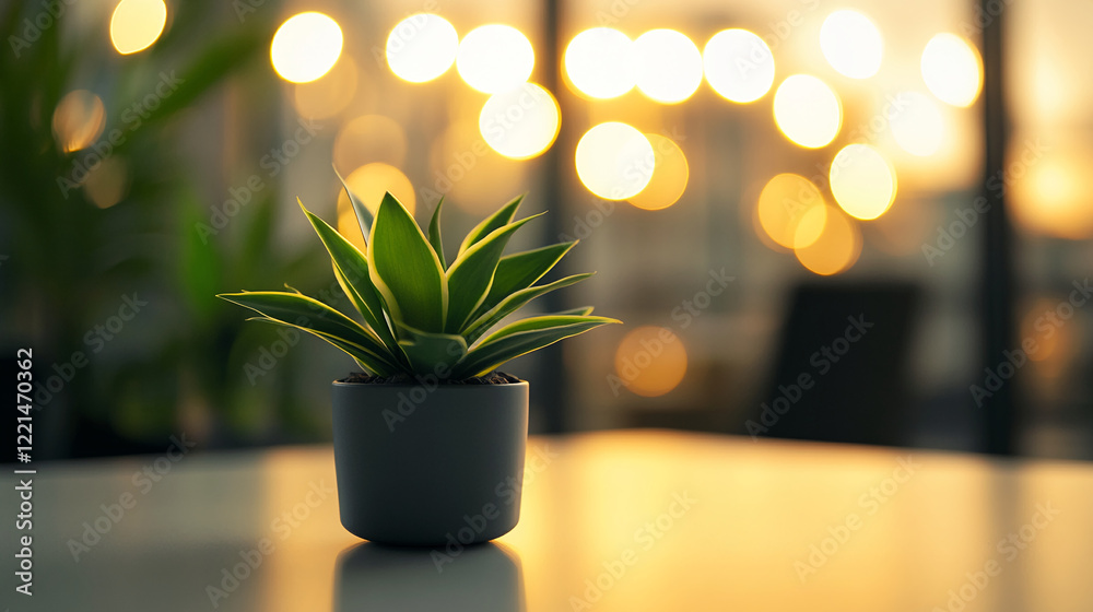 Poster close-up of succulent plant in white pot with warm bokeh light background