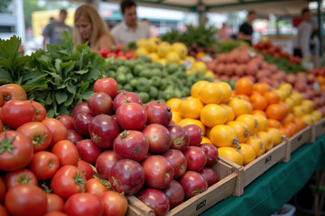 Colorful fruits and vegetables at a vibrant farmer's market stall