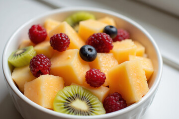 Vibrant fresh fruit salad with melon, berries, and kiwi