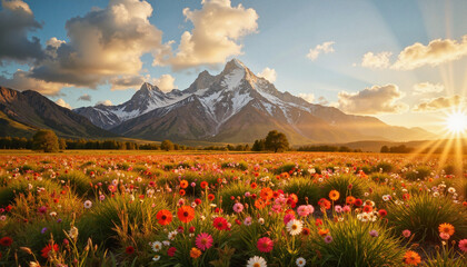 Scenic landscape with a flower field at the foot of snowy mountains during sunset