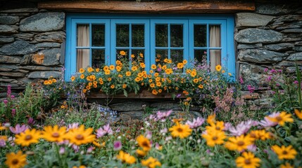 Fototapeta premium Cottage Window Box with Blooming Flowers