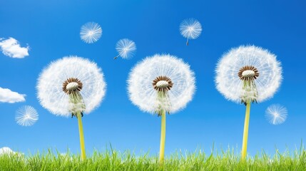 Three White Dandelion Seed Heads Against a Vivid Blue Sky