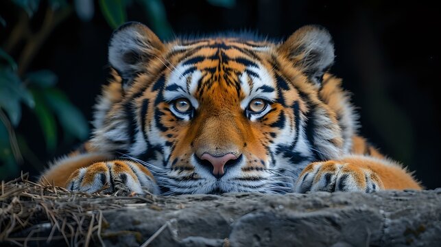 Majestic Bengal tiger with intense blue eyes resting head on paws, close-up portrait against dark background perfect for wildlife and conservation projects.