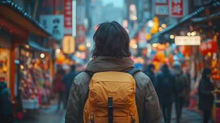 Obraz premium A person carrying a backpack walks down a city street, going about their daily business