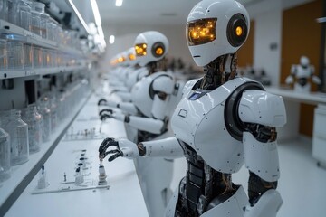 Fototapeta premium A group of robots standing together in a room, ready for action