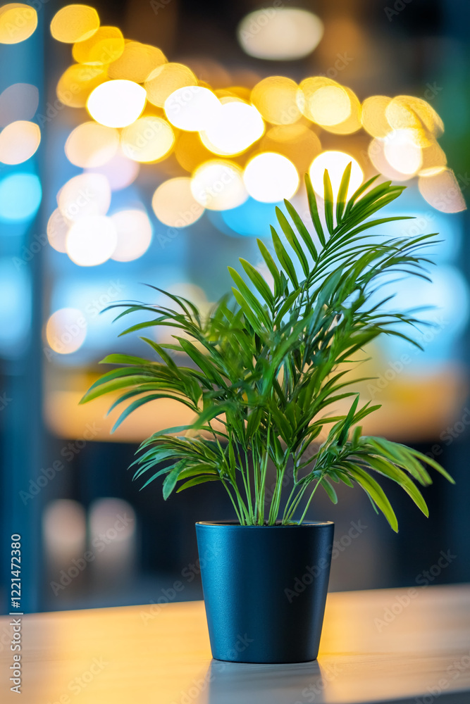 Poster close-up of indoor plant in a pot with blurred bokeh lights in the background
