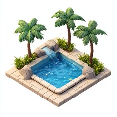 Fototapeta premium 3D icon cartoon backyard pool with palm trees, isolated on a white background 