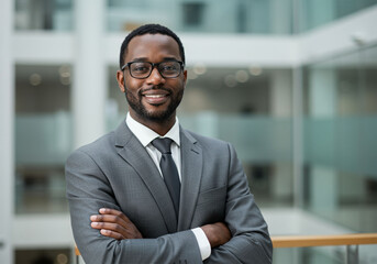 Fototapeta premium Smiling business executive confidently standing outside the corporate headquarters, radiating leadership and success.