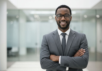 Fototapeta premium Smiling business executive confidently standing outside the corporate headquarters, radiating leadership and success.