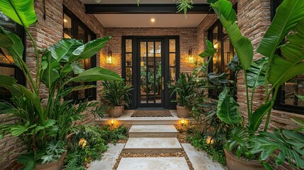 Luxurious Tropical Home Entrance: A Tranquil Oasis