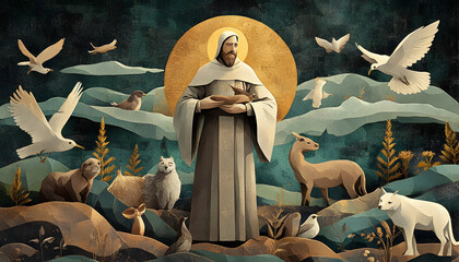 Illustration of Saint Francis of Assisi, depicted surrounded by animals and nature, with a rich, textured background