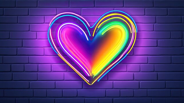 Vibrant Rainbow Neon Heart on Purple Brick Wall