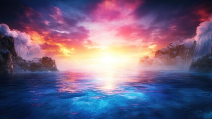 Fototapeta premium Vibrant Sunset Over a Fantasy Cityscape with Colorful Clouds and Glowing Ocean