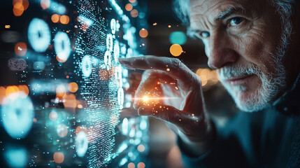 Senior Man Interacting With Holographic Digital Interface At Night