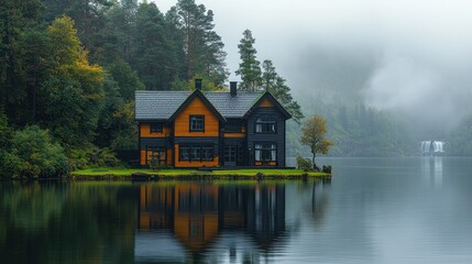 Obraz premium Serene Lakeside House in Misty Mountain Setting