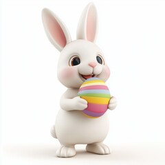 Obraz premium 3D icon cartoon Easter bunny holding a colorful egg, isolated on a white background --quality 2
