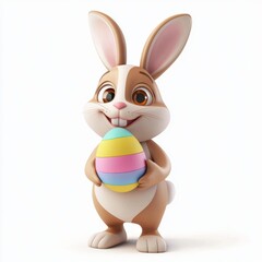 Fototapeta premium 3D icon cartoon Easter bunny holding a colorful egg, isolated on a white background --quality 2