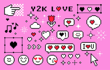 Y2k pixel art icon set with hearts, smile face and speech bubbles. Mood of 90's. 8 bit editable pixel vector illustration. Game abstract Happy Valentines Day elements. Modern collage sticker pack