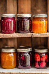 A colorful shelf filled with various jars of jam and fresh fruit, perfect for kitchen or food-related concepts