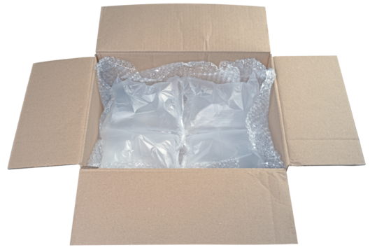 Cardboard box with plastic bubble wrap to protect shipment. Isolated background.