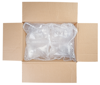 Cardboard box with plastic bubble wrap to protect shipment. Isolated background.