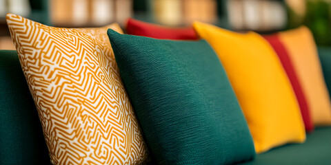 Close-up of decorative pillows in various colors and textures.  A teal, mustard yellow, and red accent the couch.