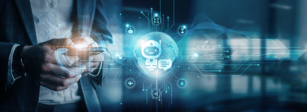 Businessman using mobile device to interact with chatbots, global network connectivity, chatbot technology advancements.
