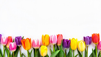 Tulips on white background for greeting card with copy space