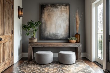 Contemporary rustic entryway with abstract art and indoor plant decor