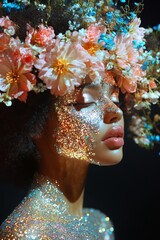 Ethereal beauty with floral crown and glittering face art in dreamy light