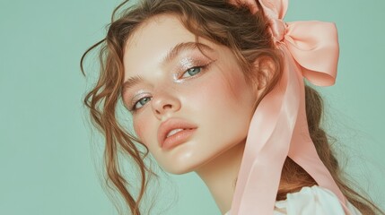 Elegant young woman with glitter makeup and pink hair bow on mint green background