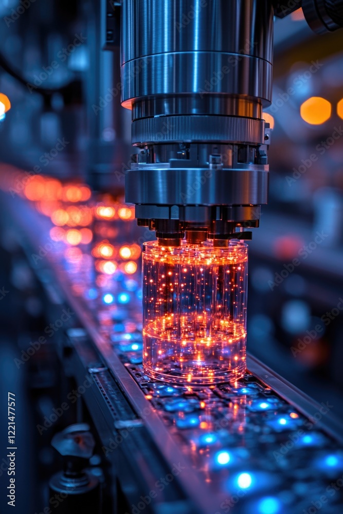 Poster a close-up view of a machine with various lights shining from its surface
