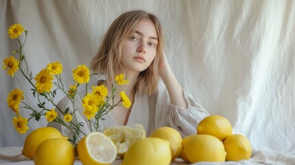 Obraz premium Young woman posing with lemons and yellow flowers against a neutral backdrop