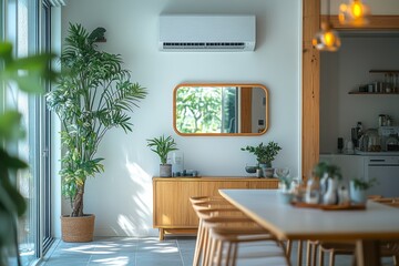 Modern dining room with air conditioner and indoor plants